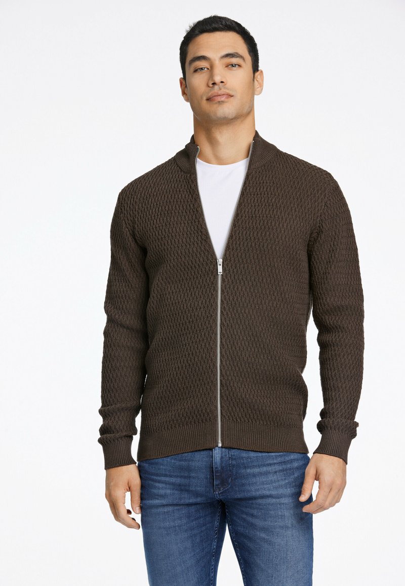 Lindbergh O-NECK STRUCTURE - Tröja med dragkedja - brown mel