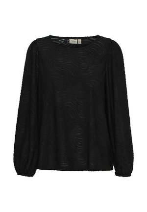 Musta pitkähihaispaida, jossa on hienovarainen tekstuurikuvio, pyöreä kaula-aukko ja hieman puffatut hihat. Valmistettu kevyestä, läpikuultavasta materiaalista.