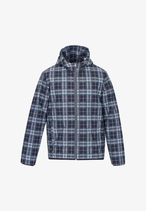 Sinine ja must ruuduline kapuutsiga jakk, millel on esineveti ja reguleeritavad paelad kapuutsil, pikad varrukad ning küljetaskud.