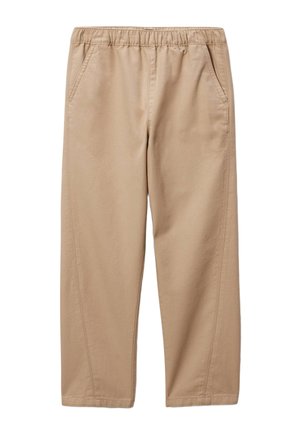 Pantalon décontracté beige à taille élastique, jambes droites et poches latérales, présenté à plat sur un fond blanc.
