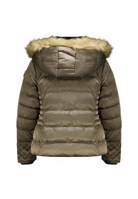 Veste verte olive rembourrée avec une capuche bordée de fourrure et des accents matelassés. Possède une texture lisse et brillante ainsi que des poignets élastiques.