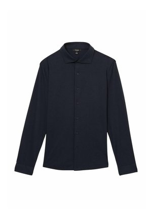 Chemise à manches longues bleu marine à boutons, avec un col classique, un ourlet droit et une texture lisse en tissu doux.