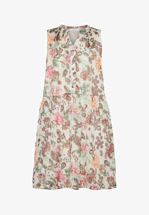 Cvjetna midi haljina s bezrukavnim dizajnom, koja ima kopčanje na gumbe sprijeda, nabran teksturu i mješavinu ružičaste, zelene i bež boje.