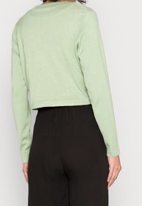 Vaaleanvihreä, lyhyt pitkähihainen paita pyöreällä pääntiellä, valmistettu pehmeästä kankaasta; yhdistetty mustiin korkeavyötäröisiin housuihin. Minimalistinen muotoilu.