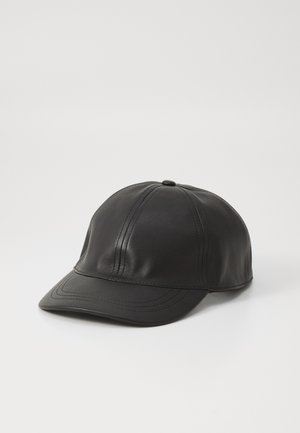 Black leather baseball cap with a rounded crown, curved visor, and tonal stitching. Smooth texture with a seamless design.