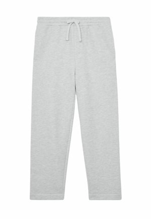 Grå joggingbukser lavet af blødt materiale, med elastik i taljen og snøre, samt smalle ben, designet til komfort.