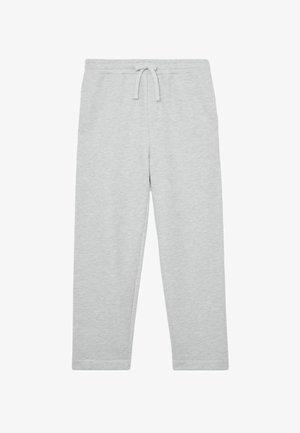 Grå joggingbukser lavet af blødt materiale, med elastik i taljen og snøre, samt smalle ben, designet til komfort.