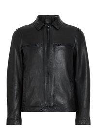 Veste en cuir noir avec un col, deux poches poitrine zippées, des poches latérales et une finition lisse et texturée. Elle est dotée d'une fermeture éclair à l'avant.