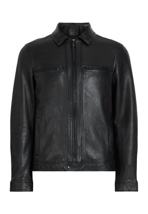 Black leather jacket with a collared neck, two zippered chest pockets, side pockets, and a smooth, textured finish. Features a front zipper closure.