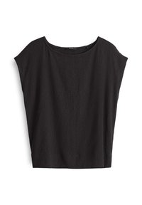 Zwart t-shirt met korte mouwen en een losse, oversized pasvorm, gemaakt van een gestructureerde stof met een ronde halslijn. Eenvoudig ontwerp zonder zichtbare sluitingen.