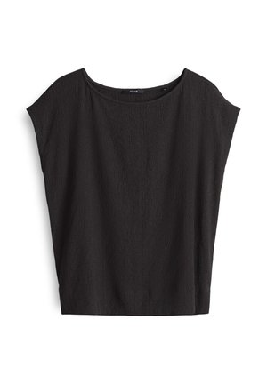 Black short-sleeve top with a loose, oversized fit, featuring a textured fabric and round neckline. Simple design with no visible closures.