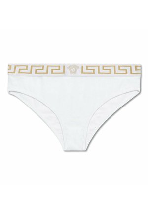 Caleçons en coton blancs avec un motif clé grec doré et le logo Méduse sur la ceinture. Texture douce, design simple et coupe classique.