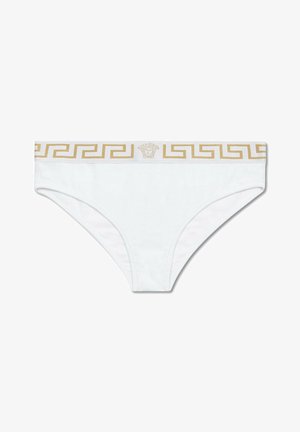 Witte katoen onderbroeken met een gouden Grieks sleutelpatroon en Medusa-logo op de tailleband. Zachte textuur, eenvoudig ontwerp en klassieke snit.