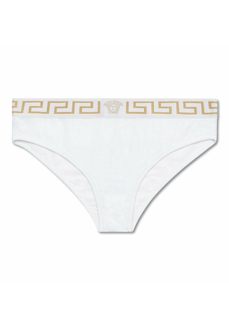 Slip in cotone bianco con un motivo a chiave greca dorata e logo Medusa sulla vita. Texture morbida, design semplice e taglio classico.