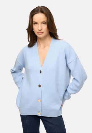 Vrouw met lang bruin haar die een lichtblauwe gebuttonde cardigan en donkere broek draagt, staand met handen in de zakken tegen een witte achtergrond.