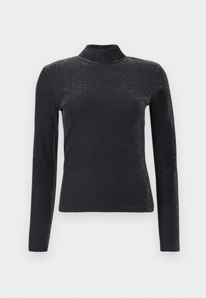 Haut à col roulé noir à manches longues en tissu lisse, avec de subtils détails scintillants sur l'ensemble. Conception ajustée.