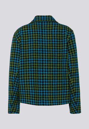 Jacke aus Wollmischung, Hahnentrittmuster in Schwarz, Grün und Blau, mit Kragen, langen Ärmeln und geradem Schnitt. Rückansicht gezeigt.