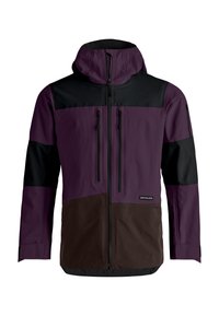 Purple and black waterproof jacket with a hood, featuring two zippered chest pockets and a brown lower section. Smooth, textured fabric.