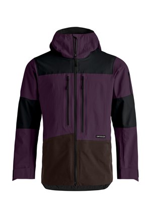 Purple and black waterproof jacket with a hood, featuring two zippered chest pockets and a brown lower section. Smooth, textured fabric.