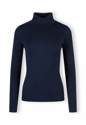 Pulover de culoare albastră marină, cu guler înalt, realizat dintr-un material tricotat cu nervuri. Are mâneci lungi și un design ajustat, cu un tiv cu nervuri.