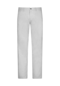 Chinos grigi chiaro con una texture liscia, design con gamba dritta, tasche frontali e chiusura a bottone in vita.