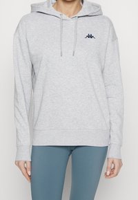 Sweat-shirt à capuche gris avec une coupe ample, fermeture à cordon de serrage et un logo brodé sur la poitrine. Tissu en mélange de coton avec poignets côtelés.