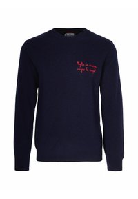 Maglione blu navy a girocollo con testo ricamato in rosso sul lato sinistro del petto che recita "Moglie in vacanza, inizia la danza!"