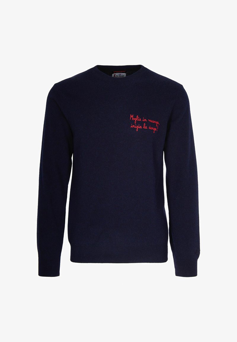 Maglione blu navy a girocollo con testo ricamato in rosso sul lato sinistro del petto che recita "Moglie in vacanza, inizia la danza!"