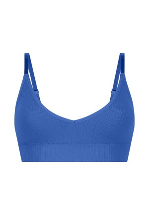 Bralette bleu à côtes avec bretelles réglables, décolleté en V et surface texturée. Son design sans couture offre confort et flexibilité.