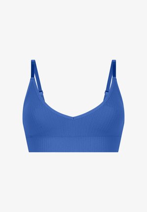 Bralette bleu à côtes avec bretelles réglables, décolleté en V et surface texturée. Son design sans couture offre confort et flexibilité.