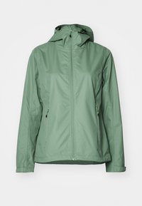 Veste légère et résistante à l'eau en vert doux. Présente une fermeture éclair frontale intégrale, deux poches latérales zippées et une capuche ajustable.