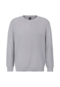 Grauer gestrickter Pullover mit Rundhalsausschnitt, langen Ärmeln und geripptem Muster; verfügt über einen geraden Saum und dezente Branding auf dem Nackenlabel.