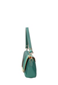 Sac à main en cuir turquoise, de forme structurée, avec des accents en métal doré et une courte bandoulière. Surface texturée avec une finition lisse.