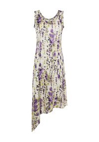 Rochie fără mâneci, de culoare mov și albă, cu un tiv asimetric, având un model floral în acuarelă în nuanțe de violet și verde, confecționată dintr-un material ușor.