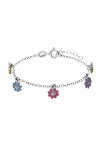 Zilveren schakelarmband met kleurrijke emaille bloemmotieven in blauw, roze, paars en groen, met een veilige karabijnhaaksluiting.