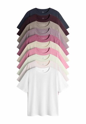 Neun übereinandergelegte T-Shirts mit Rundhalsausschnitt in Marineblau, Weinrot, Beige, Lavendel, Mauve, Creme, Pink, Hellrosa und Weiß.