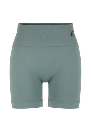 Shorts taille haute sans couture en vert sauge atténué avec une large ceinture côtelée et un logo discret "E3" sur le haut gauche.