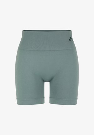 Pantaloncini senza cuciture a vita alta in verde salvia spento con ampia fascia a coste e logo "E3" discreto nella parte superiore sinistra.