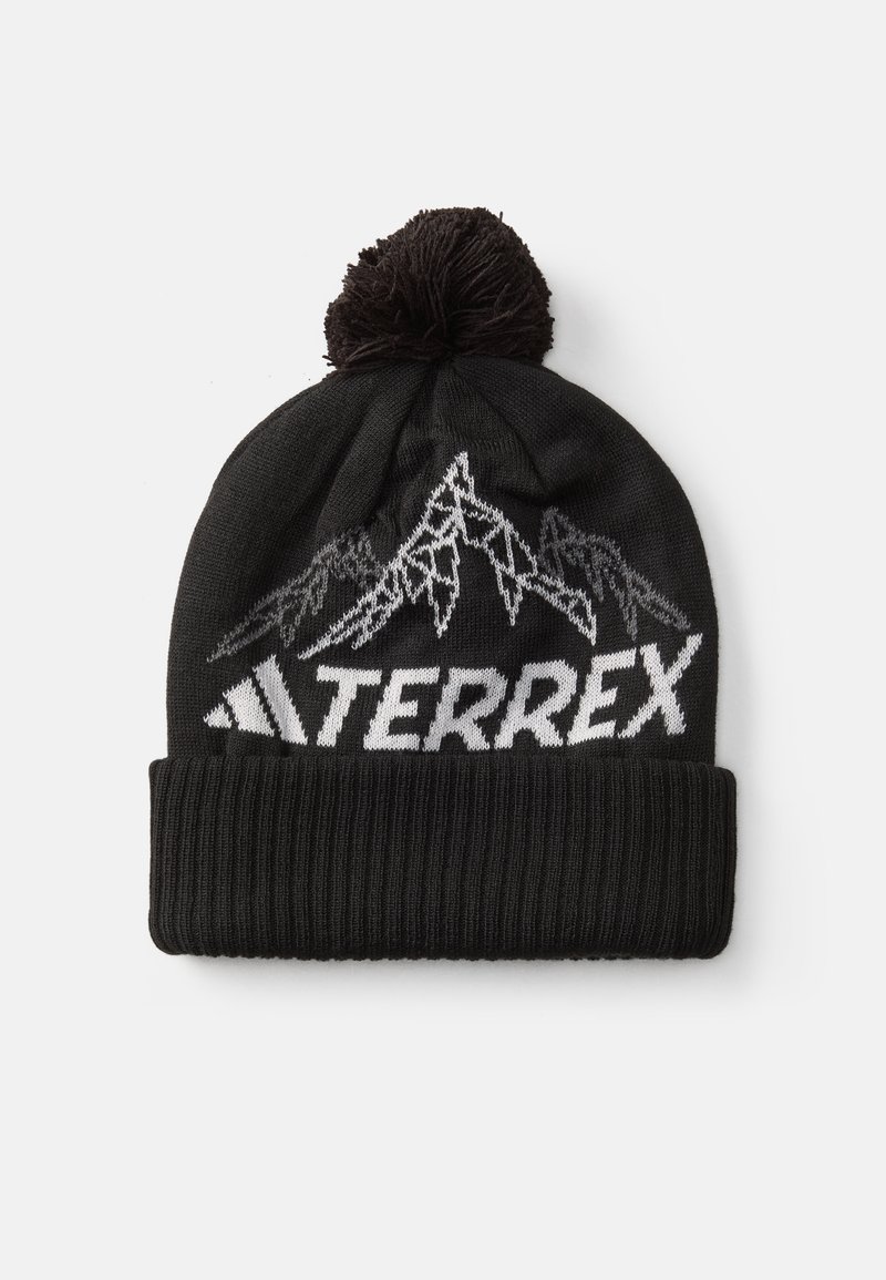 Zwarte gebreide muts met een geribde rand, voorzien van witte berggraphics en de tekst "TERREX", afgewerkt met een zwart pompon.