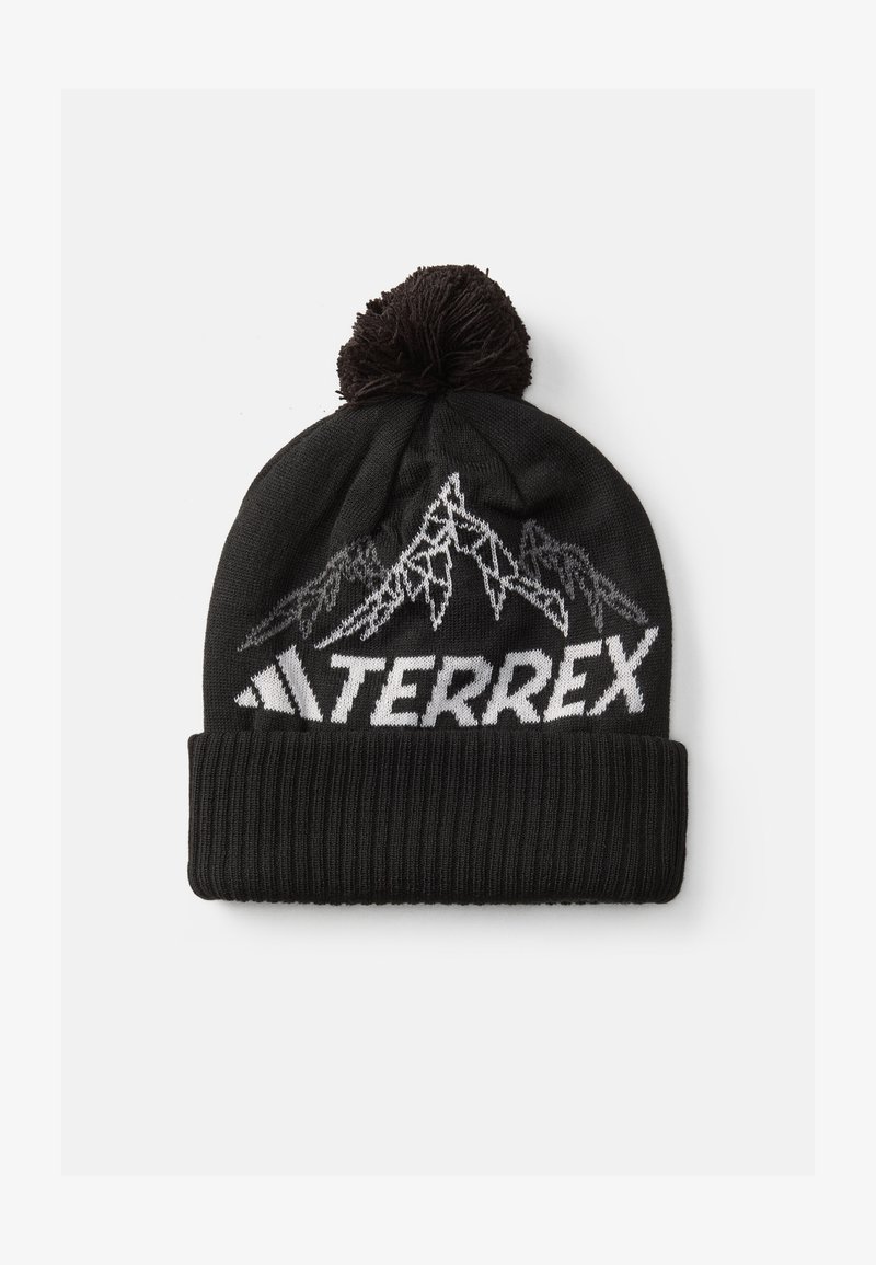 Zwarte gebreide muts met een geribde rand, voorzien van witte berggraphics en de tekst "TERREX", afgewerkt met een zwart pompon.
