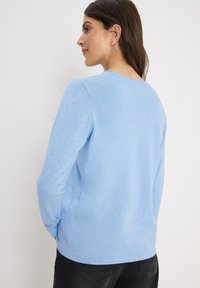 Lichtblauwe sweater met lange mouwen, zachte textuur, ronde hals, relaxed fit, gecombineerd met zwarte jeans. Geen zichtbare patronen of accenten.