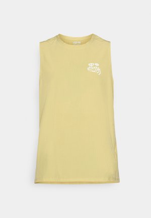 Débardeur de sport sans manches jaune clair avec un petit logo blanc "KARMA8A" et des yeux abstraits sur la poitrine gauche.