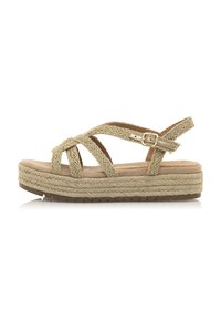 Woven smeđe i zlatne espadrile sandale s križnim trakama, platforma obložena jutom i podesivi kopča za učvršćivanje.