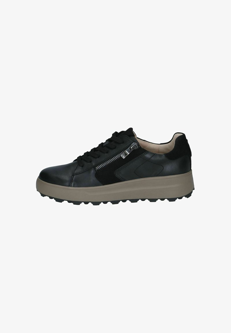 Baskets en cuir noir avec semelle beige, fermeture à lacets devant, fermeture éclair latérale et semelle extérieure texturée.