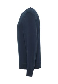 Navy blue sweatshirt, crew neck, long sleeves, soft texture, ribbed cuffs and hem, smooth fabric without patterns or embellishments.