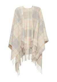 Poncho en tartan crème avec des motifs gris et orange clair. Il possède des bords à franges et un design décontracté et ouvert. Texture de tissu douce.