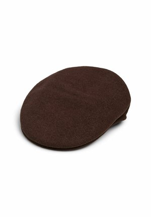 Béret en laine marron avec une forme lisse et arrondie et un sommet plat. Tissu doux ; sans quincaillerie ni accents visibles. Convient pour un port par temps frais.