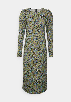 Roheline, lilla ja sinine lilleline kleit, millel on pikkade varrukatega, ümar kaelus ja sobiv disain. Includes seljaosale tõmbluku detail.