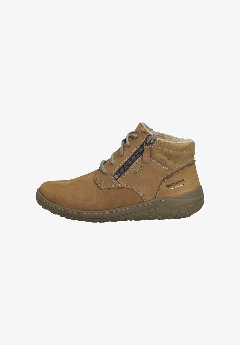 Bottine en daim beige avec fermeture éclair latérale, lacets, doublure en fourrure et semelle en caoutchouc texturée conçue pour une utilisation en extérieur.