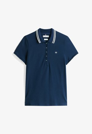 Granatowa koszulka polo wykonana z bawełny, z prążkowanym kołnierzykiem w białe paski, pięcioma guzikami oraz małym logo na piersi.